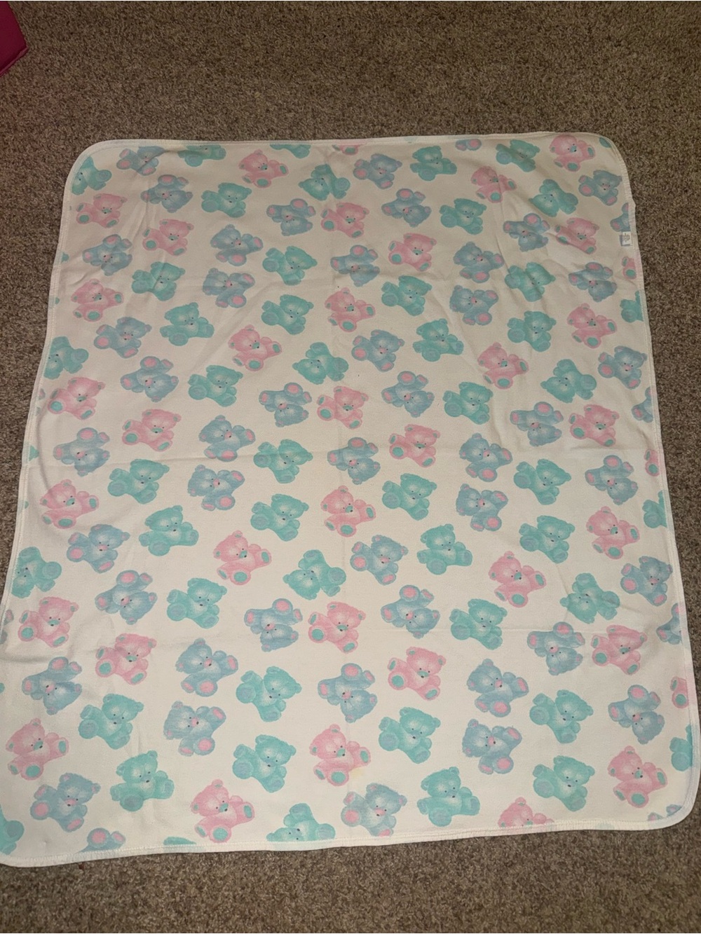 Vintage Carter's Pastel Bear Print Baby Blanket in Pink, Blue & Cream